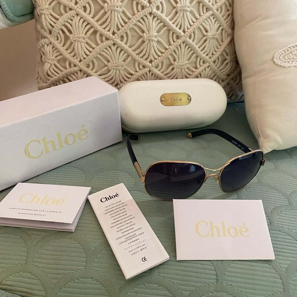 Chloe Gold and Black Aviator Sunglasses Luxury Accessories